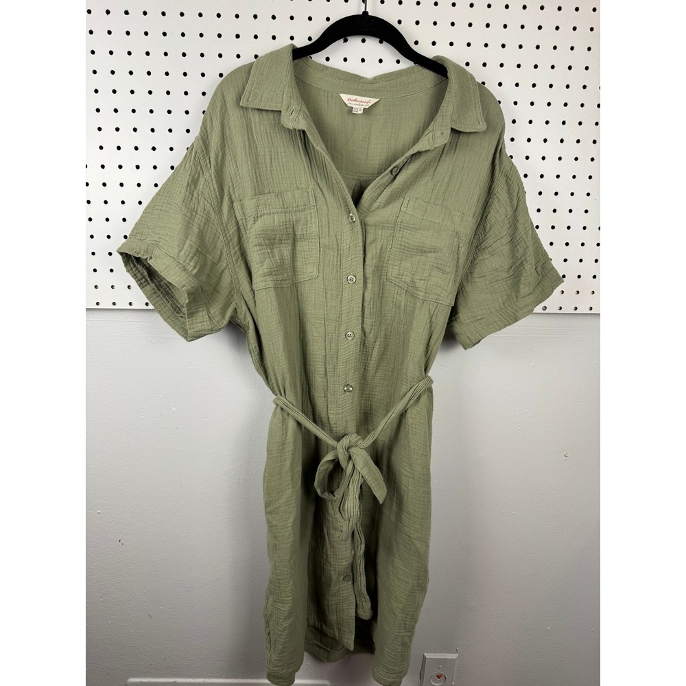 Weatherproof Vintage Sage Green Cotton Gauze Belted Shirt Dress L